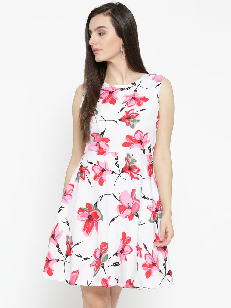 Multicolored Floral Print Layered Georgette Fit & Flare Dress - BITTERLIME